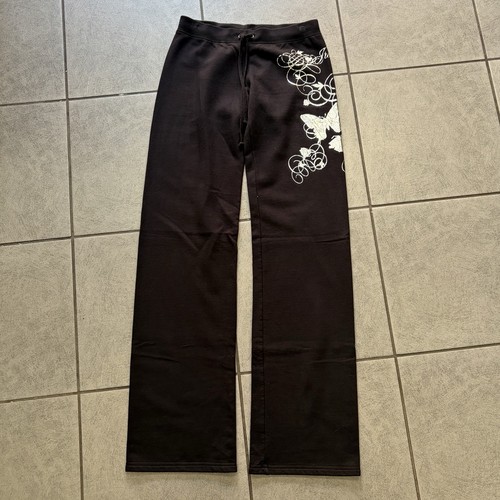 Vtg Juicy Couture Black Sweatpants Wide Leg Butterfly Scroll Embroidered 28x32