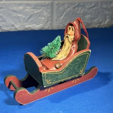KURT ADLER Primative Folk Art Carved Wood SANTA or FATHER CHRISTMAS SledOrnament