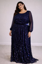 Plus Size Navy Blue Sequin Evening Gown with Sheer Sleeve Formal Maxi Dress