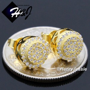 Authentic 925 STERLING SILVER 8MM ICY CZ ROUND GOLD PLATED PUSH BACK 3D STUD EARRING*GE150