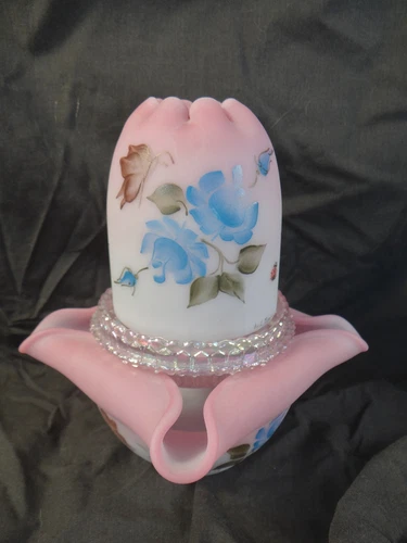 Fenton 3pc Floral Fairy Lamp Blue Burmese Signed L. FLEMING