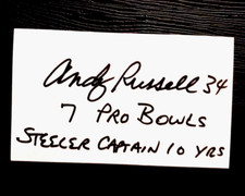 ANDY RUSSELL added "7 PRO BOWLS STEELER CAPTAIN 10 YRS" SIGNED INDEX CARD 3x5