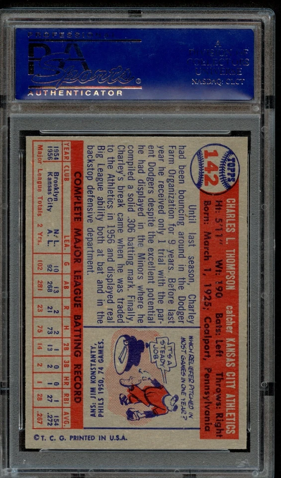 BB - 1957 Topps - #142 - Charley Thompson - PSA 8 - NM-MT - Image 2 of 2