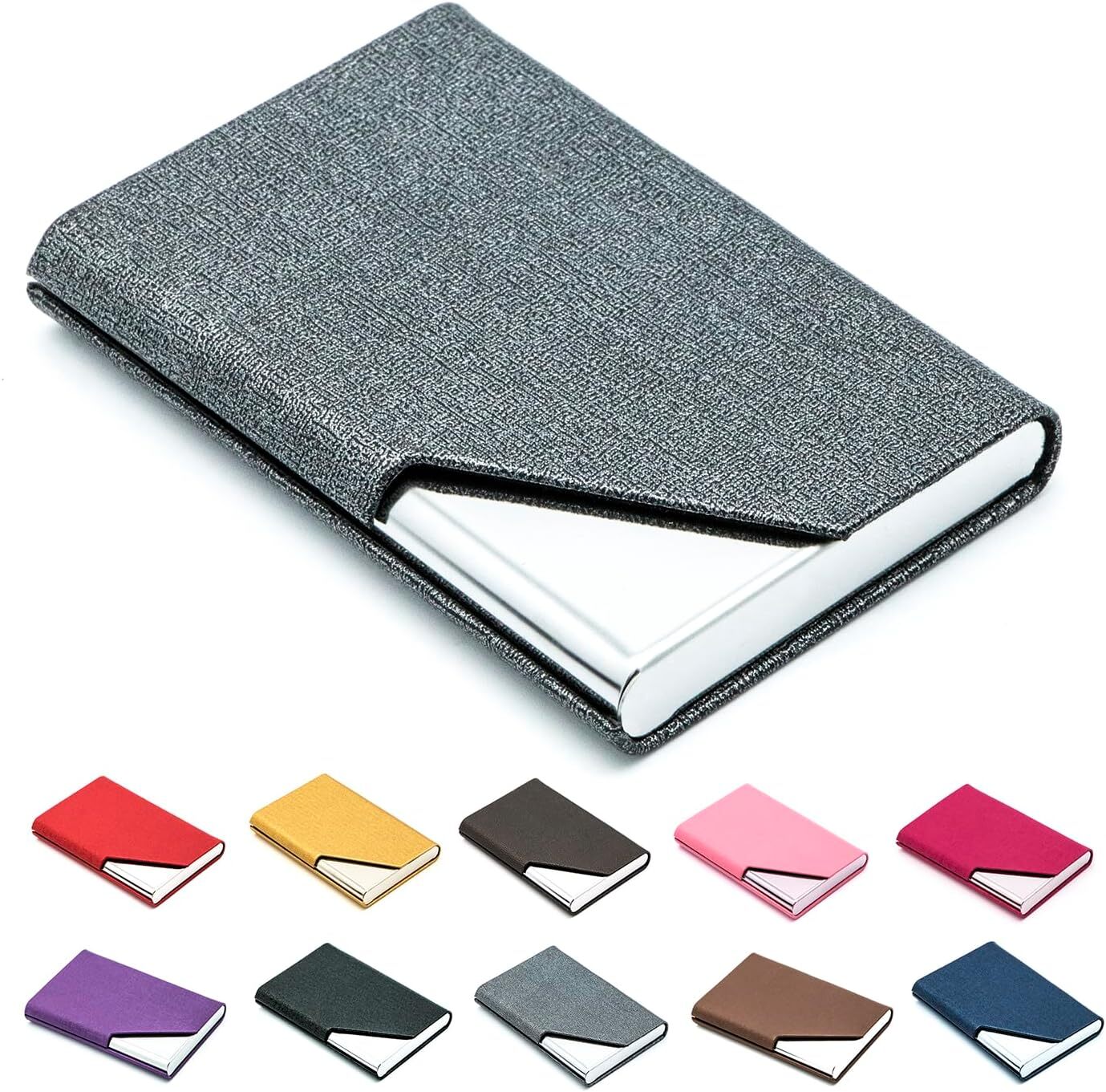Slim Gray Leather Business Card Holder with Magnetic Closure and Stainless Steel Wallet Case-image