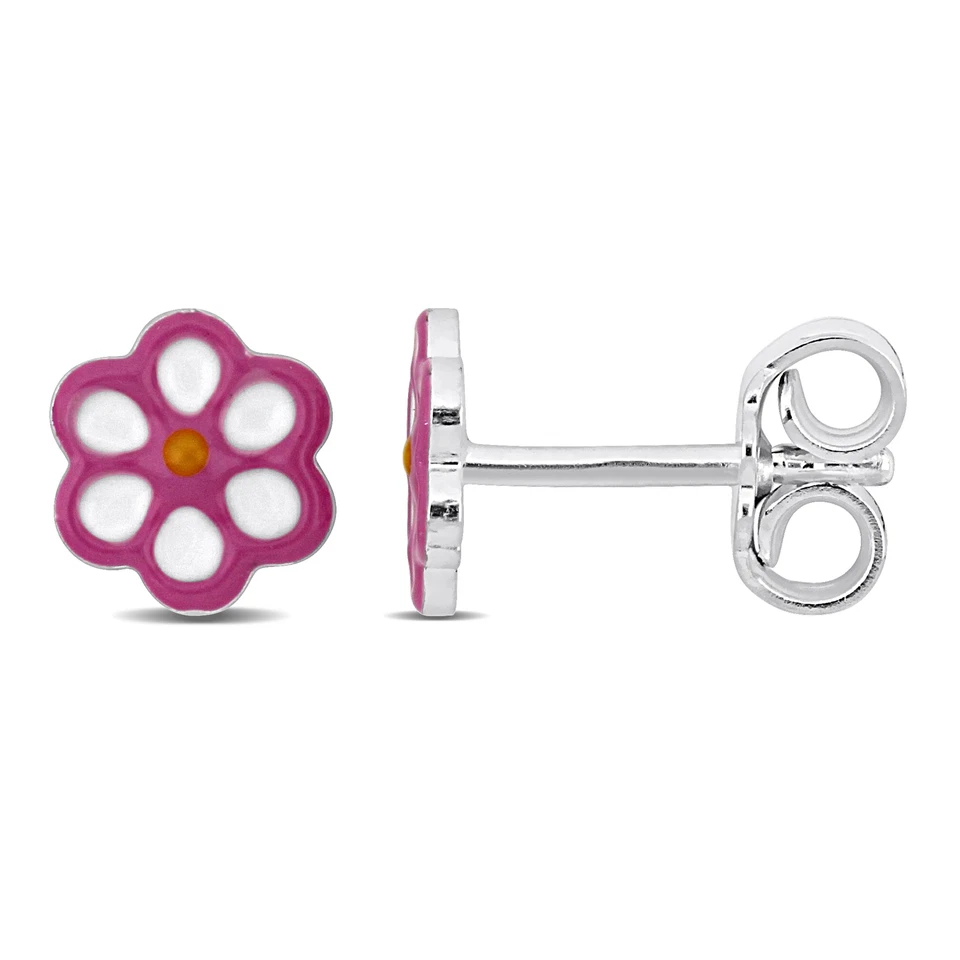 Aretes con flores de esmalte rosa de plata de ley Amour
