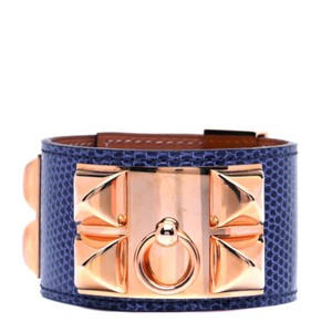 Authentic HERMES Mykonos Blue Niloticus Lizard Rose Gold Plated Collier de Chien Bracelet