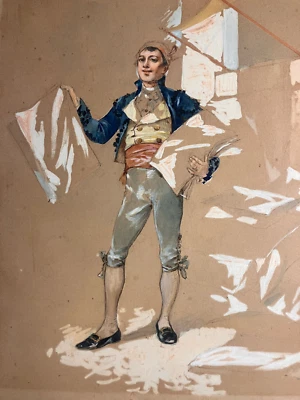 Gouache - dessin - Vendeur de journaux - petits métiers XIXe Italie Espagne ? - Photo 1/4