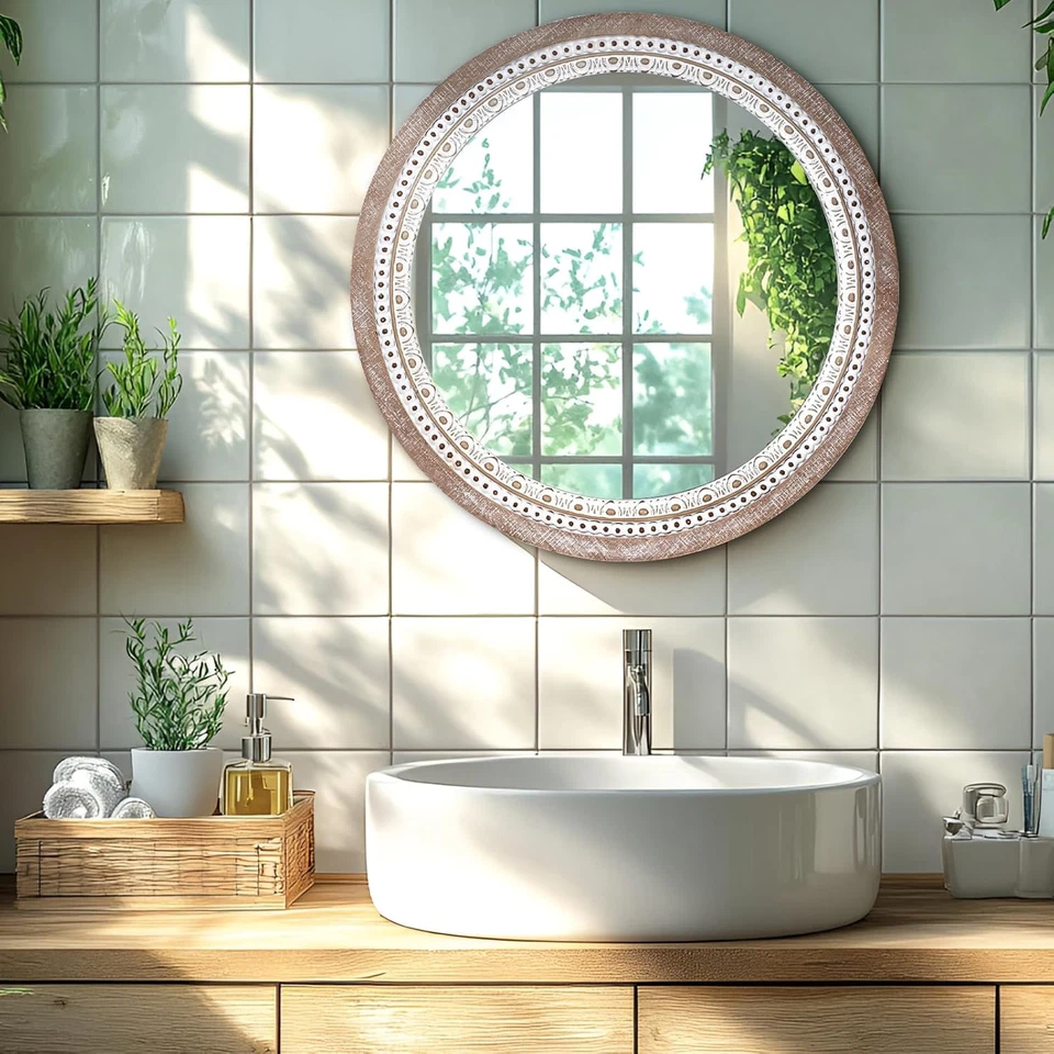 24 Inch Wooden round Mirror for Wall Decor, Farmhouse Boho Circle Mirror with Be - Image 2 of 4