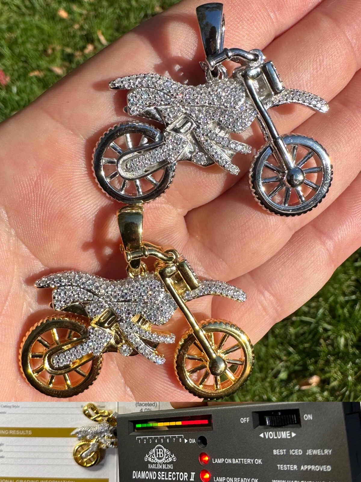 MOISSANITE pendentif moto sale vélo véritable argent 925/or glacé