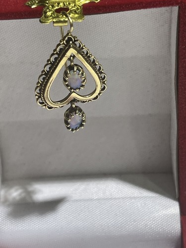 Antique 14k Yellow Gold Hearts Australian Fire Opal Dangle Earrings - Picture 9 of 15