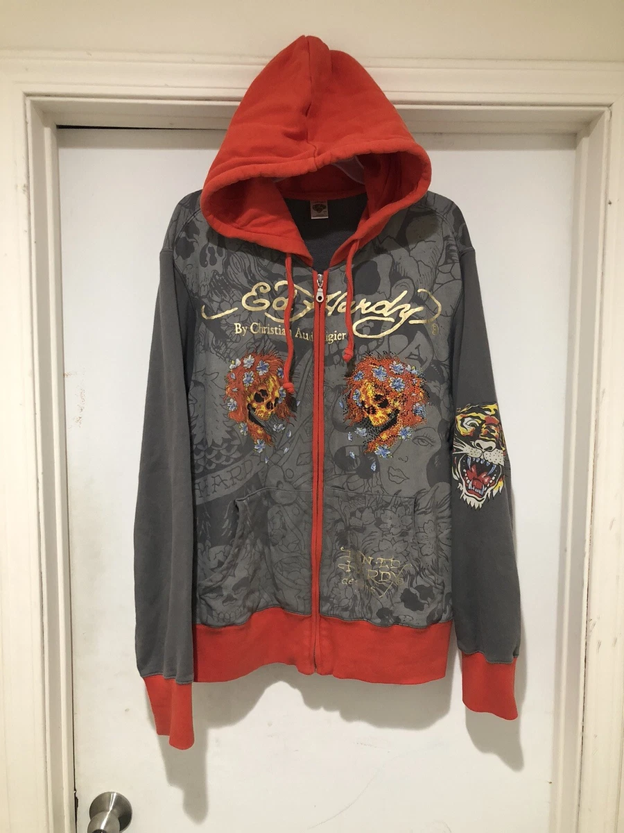 Vintage Y2K Ed Hardy Dead or Alive Skull Tiger Cowboy Full Zip Hoodie Size L