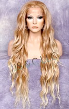 Long HEAT OK Human Hair Blend Full Lace Front Wig Blonde mix wavy WEAJ 27/613