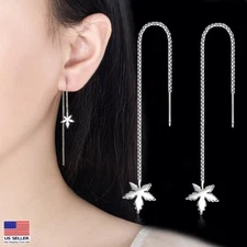 Women 925 Sterling Silver Earrings 3D Maple Leaf Tassel Threader Ear Chain 1958