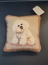 Vintage Handmade BICHON FRISE Dog Wool Needlepoint Pillow 9.5 X 9.5 Velvet 