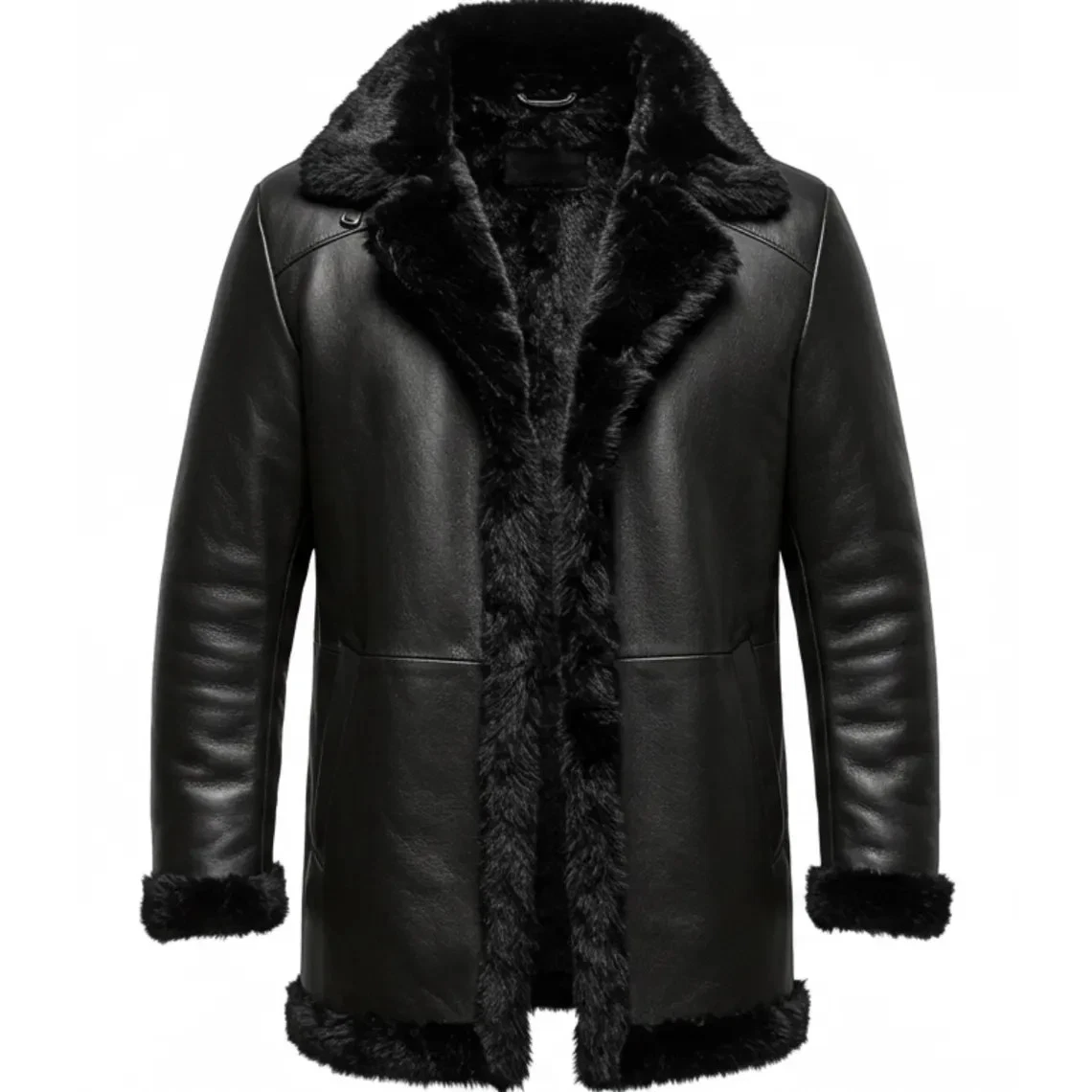 New Men's Black Shearling Leather Coat Real Sheepskin Leather Winter Jacket Coat