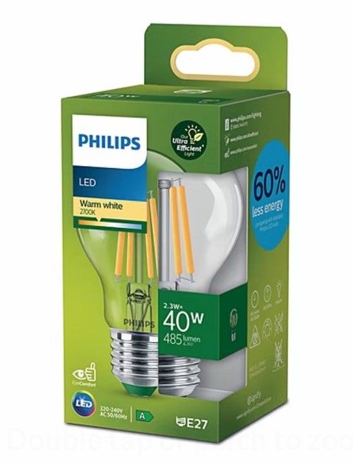Philips E27 Led Bulb A60 2.3W 485Lm 2,700K Clear - Image 2