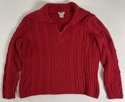 Fold Down Neck St Johns Bay Women s L Red Chunky Cable Knit Pullover Sweater