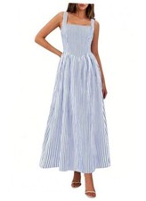 Women's Maxi Dress Summer Striped Sundress 2026 Spring Small Dark Blue Striped