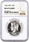 1966 50C SMS Kennedy Silver Half Dollar NGC MS 67 Cameo Coin