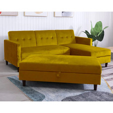 Destin Reversible Mustard Velvet Corner Sofa Bed With Storage Chaise and Ottoman