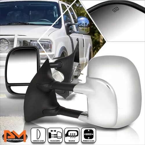 For 99-07 F250-F550 Super Duty Power+Heated Chrome Side View Towing Mirror Pair