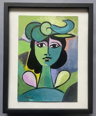 Picasso Pablo Original Gemälde Frau Mädchen Hut grün Kubist spanische Kunst C33