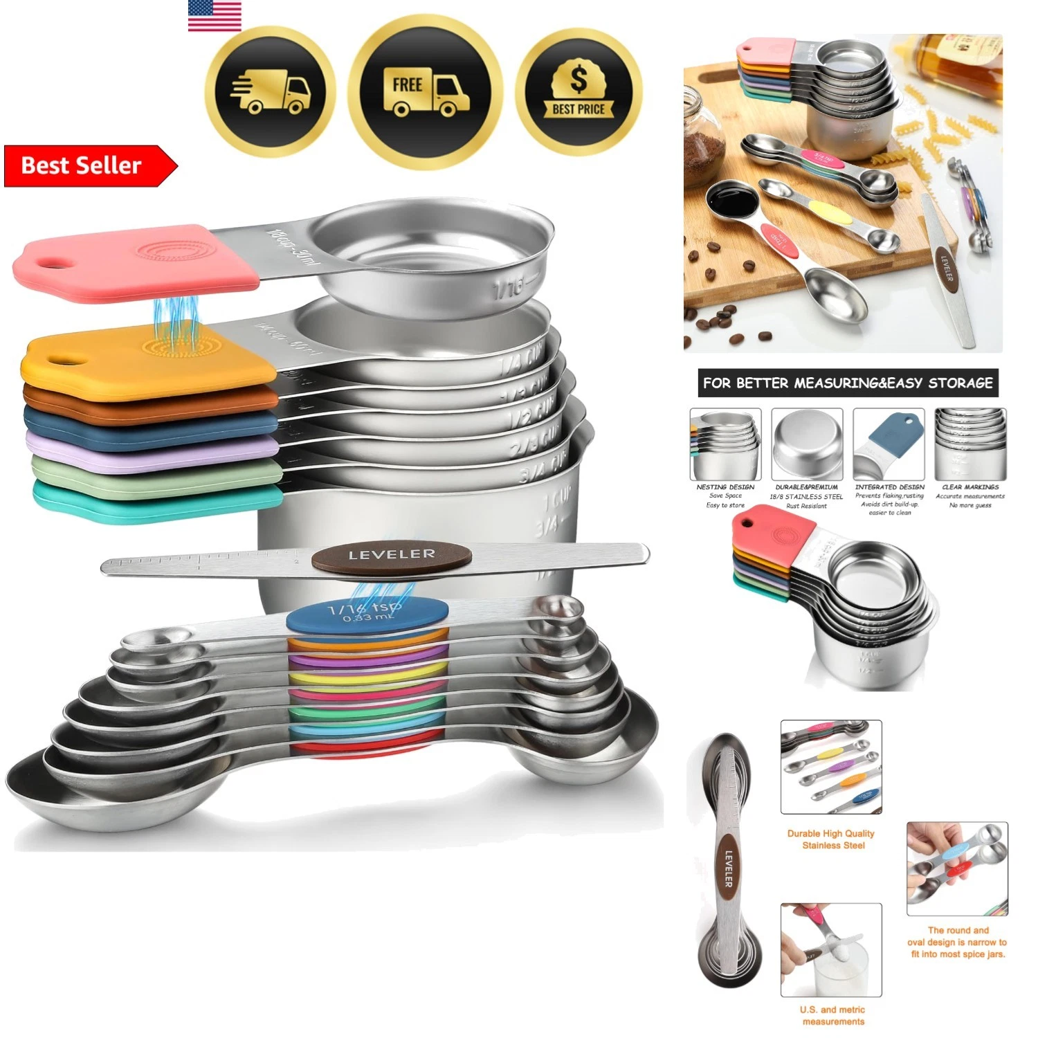 Magnetic Measuring Cups and Spoons Set Stainless Steel Stackable 16 Piece
Opens in a new window or t