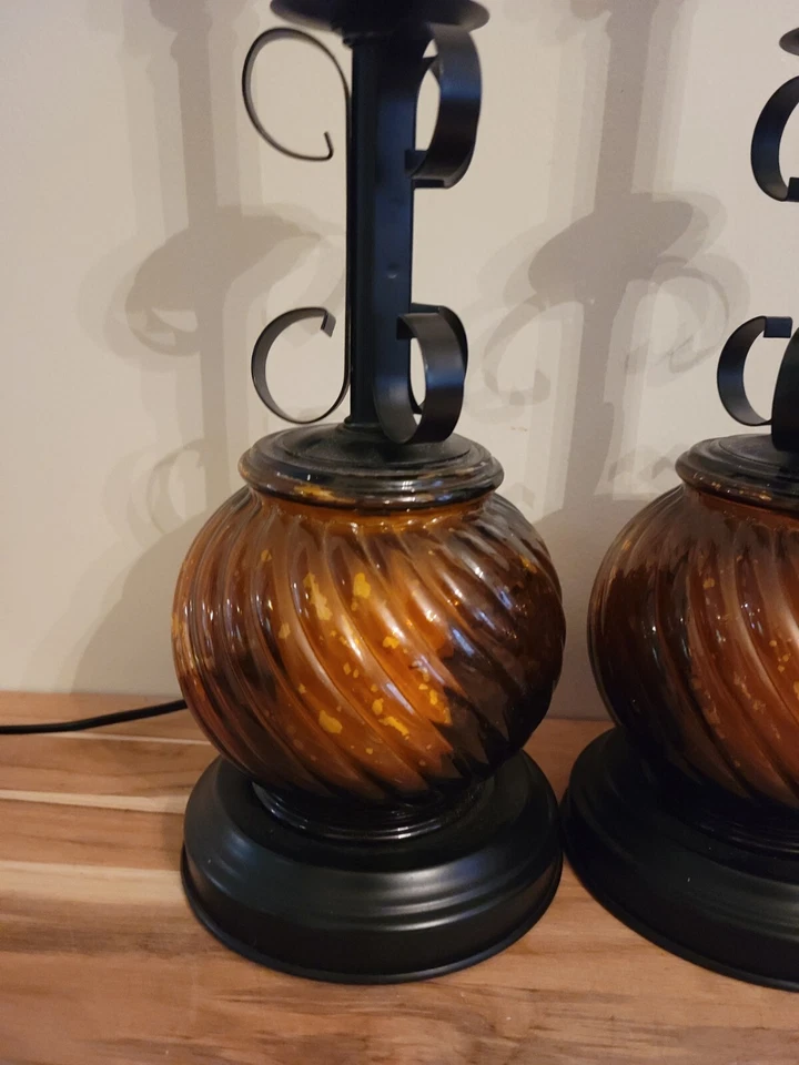 Pair Gothic Themed 15" Amber Nightstand Lamps W/ Lighted Bases.  - Image 2 of 4