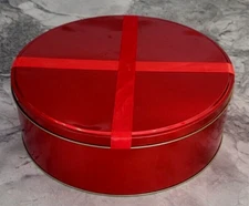 MIDWOOD Round Red Metal 10"Wx3.25"H Holiday/Tin/Storage-Gift Box w/Ribbon on Lid