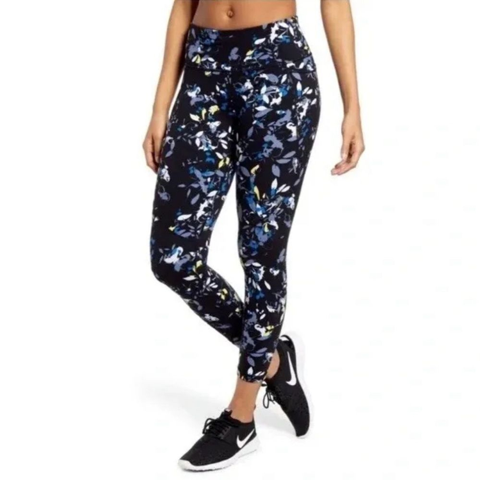 Sweaty Betty Power 7/8 Pocket Leggings Black Blue Floral Print Size Small