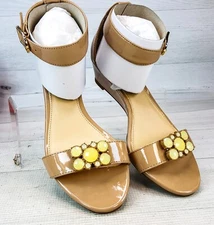 Lindsay Phillips Mitzi Tan Sandals Sz 6 Snap Jewel Ankle Strap Shoes NEW w Box