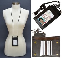 BROWN LEATHER WALLET ID Badge Window Card Holder Zip Neck Strap U.S Seller