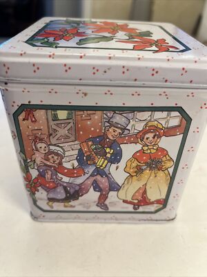 Christmas tin 1987, 2 scenes Tiny Tim & family , family decorating Tin Box Co