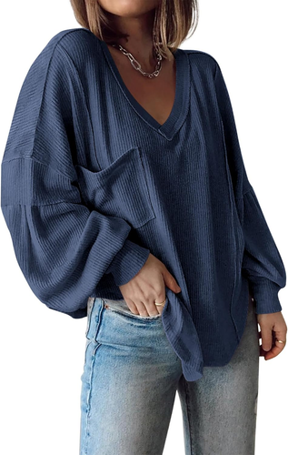 Women'S Casual V Neck Ribbed Knit Shirts 2025 Fall Pullover Tunic Tops Loose Bal