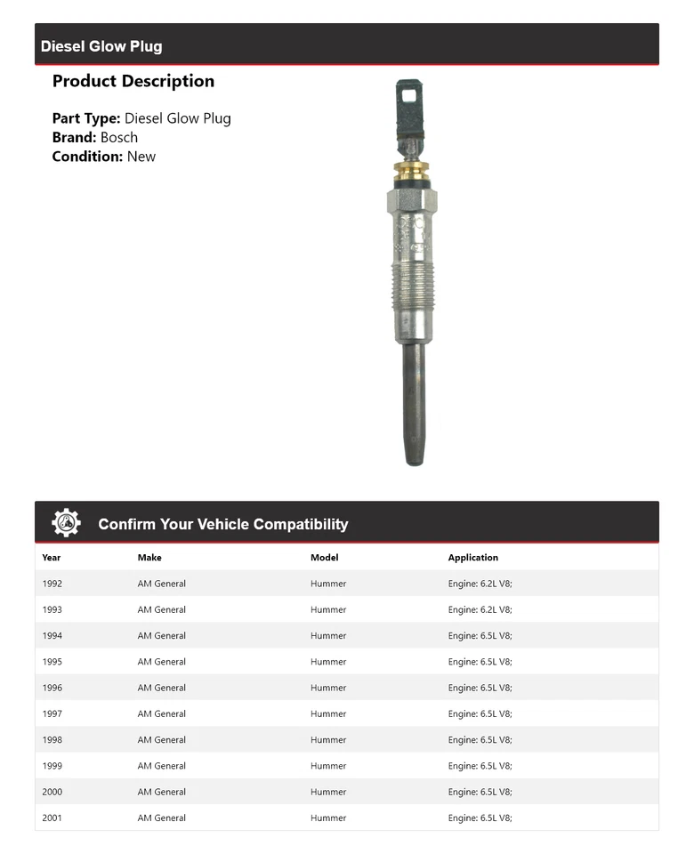 Bujía incandescente diésel AM General Hummer Bosch 1992-2001 1993 1994 1995 1996 1997 Foto 2 de 3