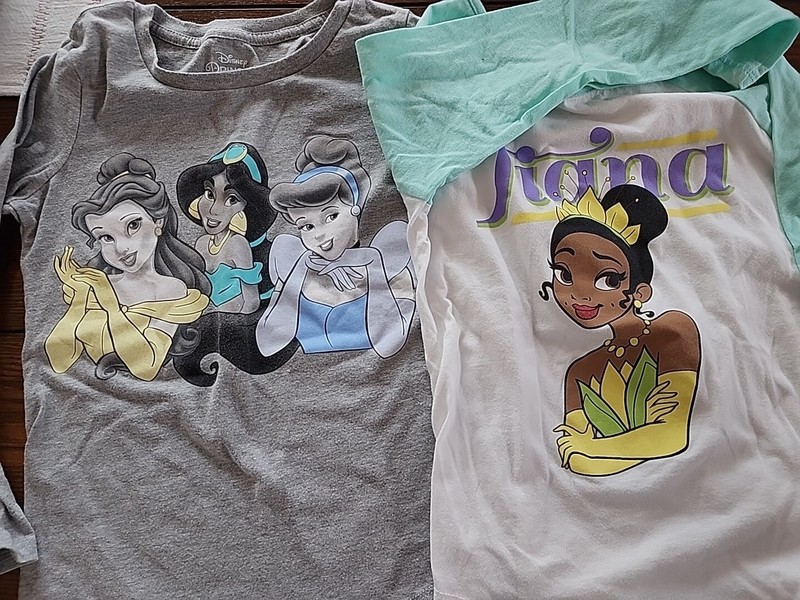 Girls Disney Princess LS Shirts Med 7/8 Lot Of 2 Belle Cinderella Jasmine Tiana