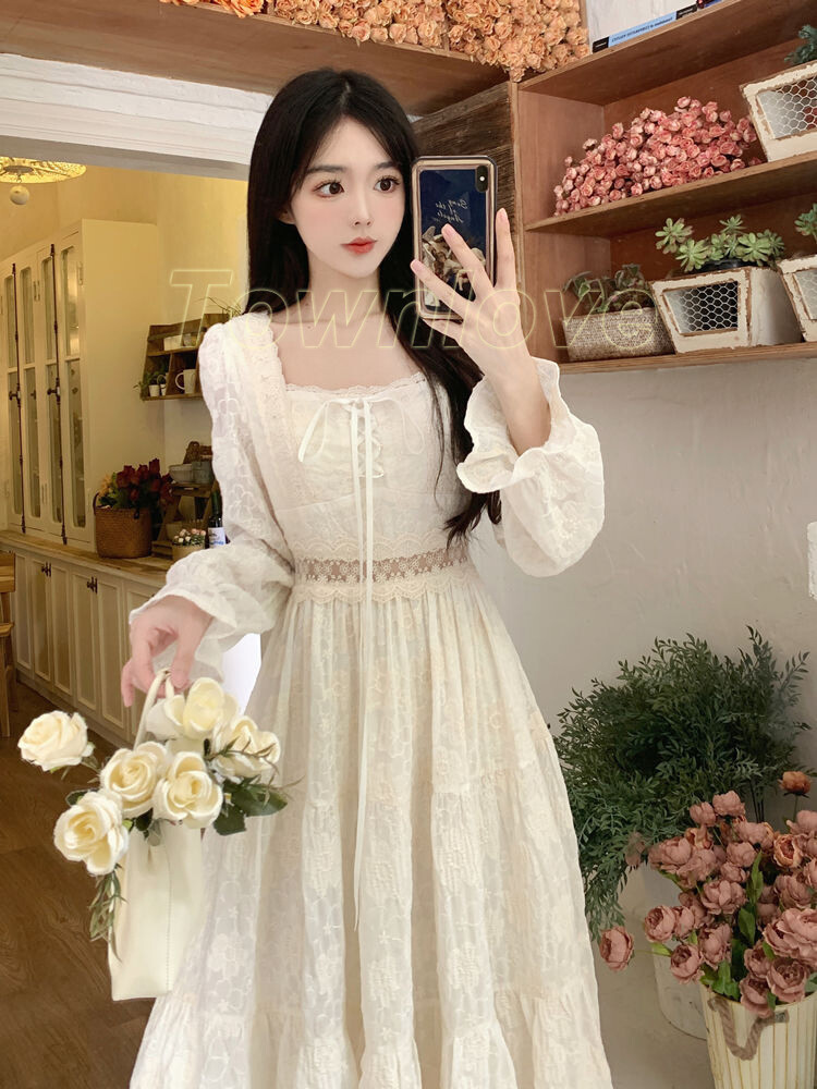 Women Fairy White Long Sleeve Dresses Lace Dress Elegant Vintage