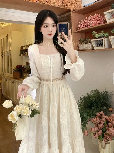 Women Fairy Elegant White Long Sleeve Dresses Lace Dress Vintage Square Collar - Bild 3 von 12