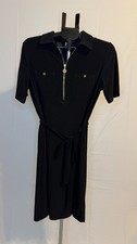 Anne Klein Dress Women’s 10 Black Zip Front Gold Hardware Belted Short Sleeve