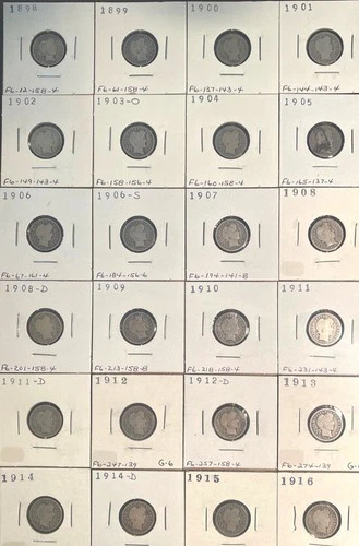 24 Barber Silver Dime Set- 1898-1916 - All Different Dates /MM -90% Silver Dime