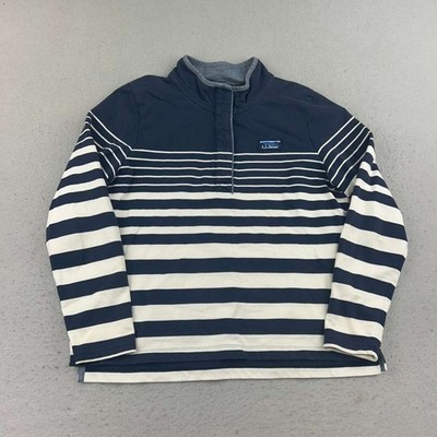 LL Bean Sweatshirt Womens Medium Petite Blue Striped 1/4 Zip Mock Neck Pullover