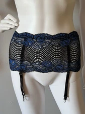 Black and blue lace garter belt with a hook-and-eye closure Size S