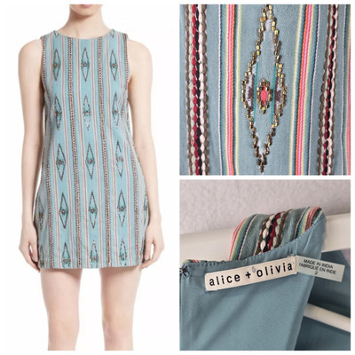 ALICE + OLIVIA Clyde Beaded Shift Dres Tribal Southwest Cowgirl Boho Size 2 XS 