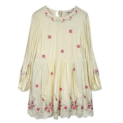 NWT Caroline Constas Embroidered Linen Blend Babydoll Dress Cream Pink Floral M