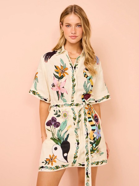 Alemais Meagan Belted Linen Mini Shirt Dress AU 8 US 4 Authentic Art Motif 