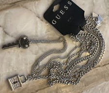 Guess Silver Pave Lock Key Charm Four Strand LONG Multi Chain Necklace NWT $34