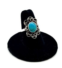 .925 Sterling Silver Turquoise Filigree Floral Ring, Size - 6.5, 3.5g