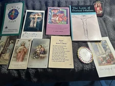Lot Of 11 Religious items. Prayer Cards, Soil/Mother Theresa, Book, more...