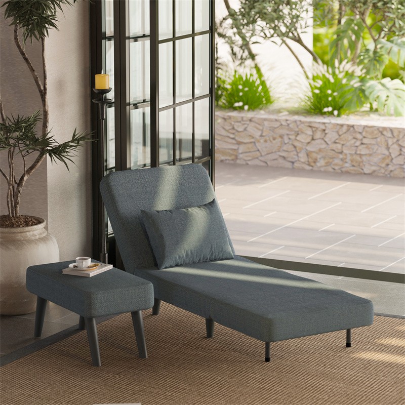 3 in 1 Foldable Linen Chaise Lounge with Adjustable Backrest,Footrest and Pillow