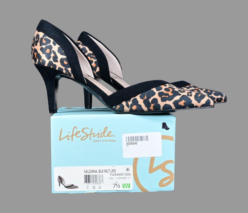 LifeStride womens Saldana Pump Black Size 7.5 W Leapord Print New in Box